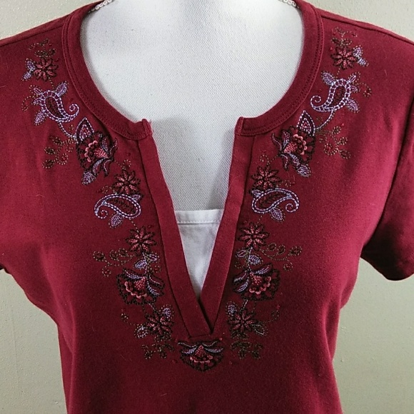 Maroon Cotton Knit Top with Embroidered Yoke NWOT - Picture 2 of 6